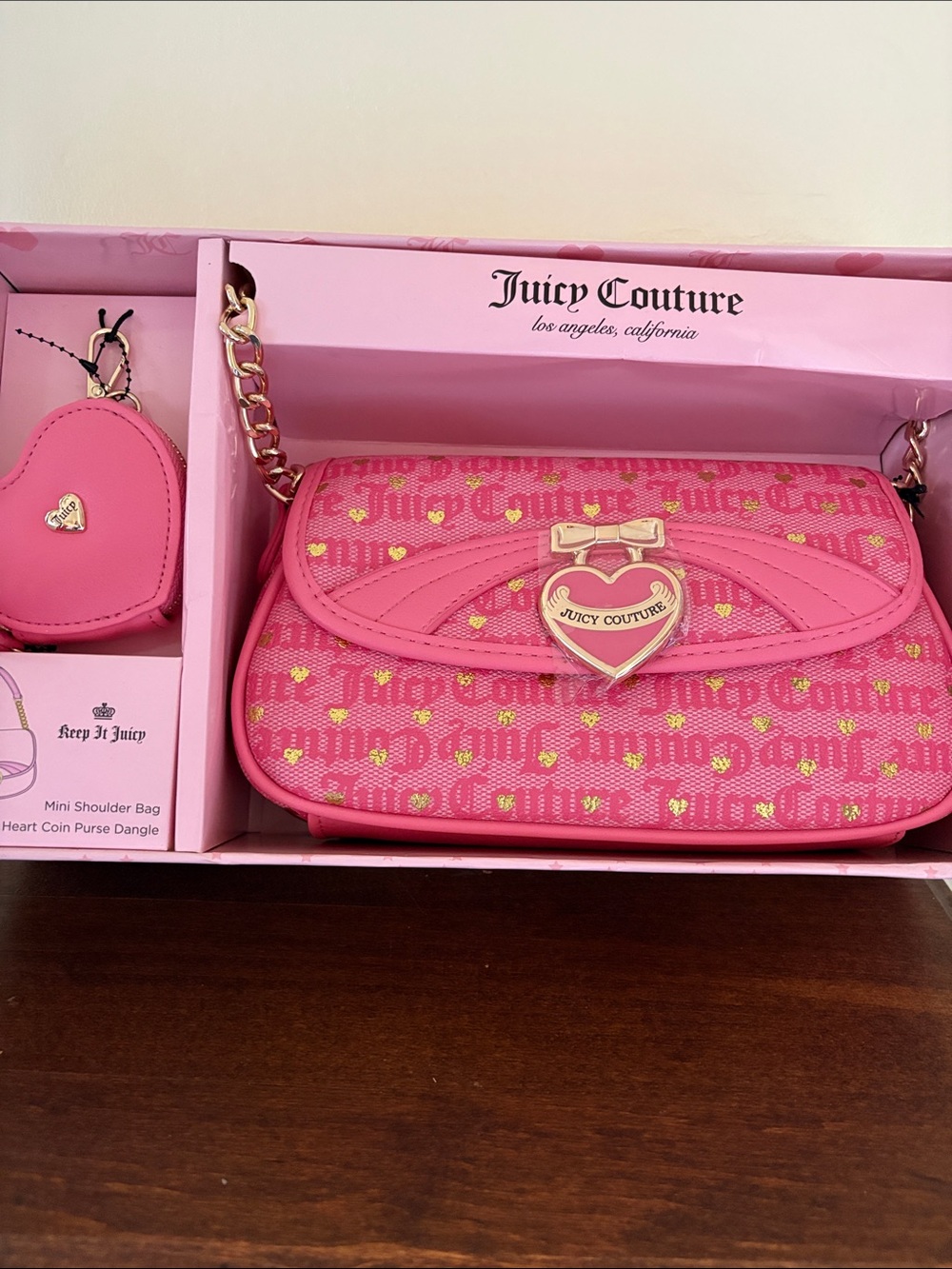 NWT Juicy Couture Pink LemonadeMini Shoulder Bag with Heart Charm and Coin Purse
